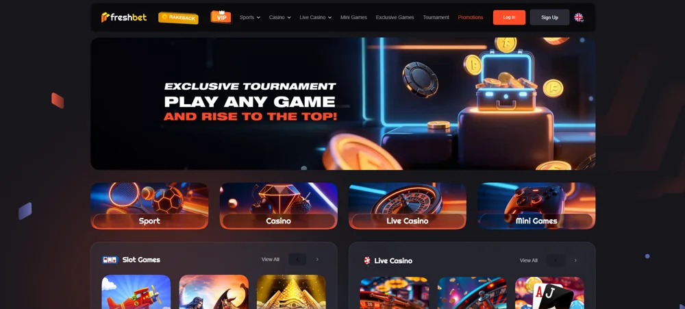 Ponuka a lobby Freshbet — screenshot