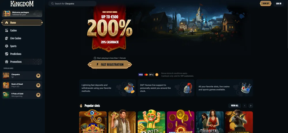 Ponuka a lobby Kingdom Casino — screenshot