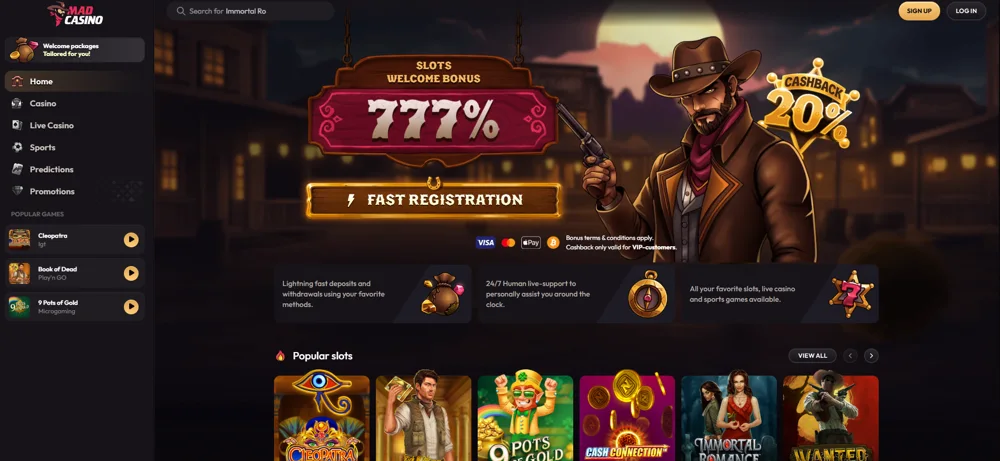 Ponuka a lobby Madcasino — screenshot