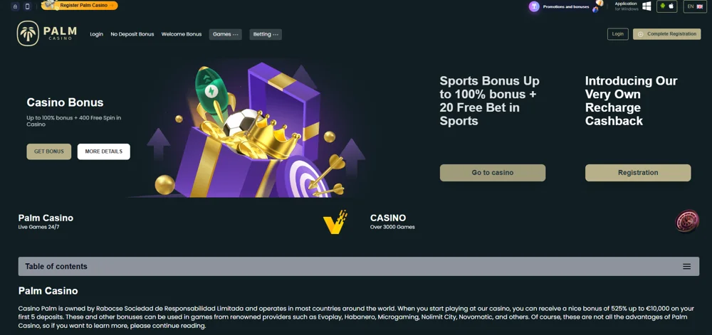 Ponuka a lobby Palm.casino — screenshot