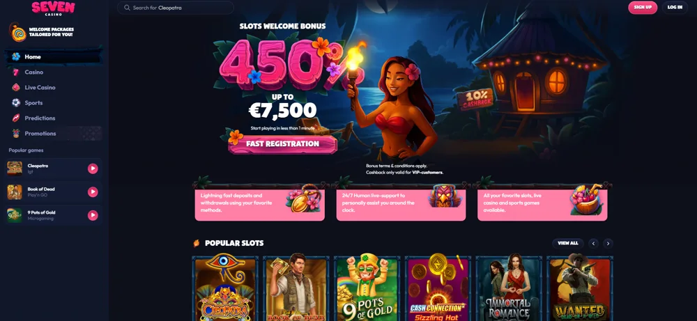 Ponuka a lobby Seven Casino — screenshot